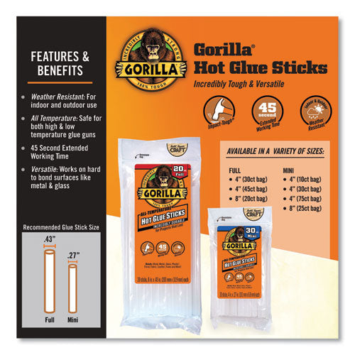 Image of Gorilla® 3034502 Hot Glue Sticks, 0.43" Dia X 4", Dries Clear, 45/pack