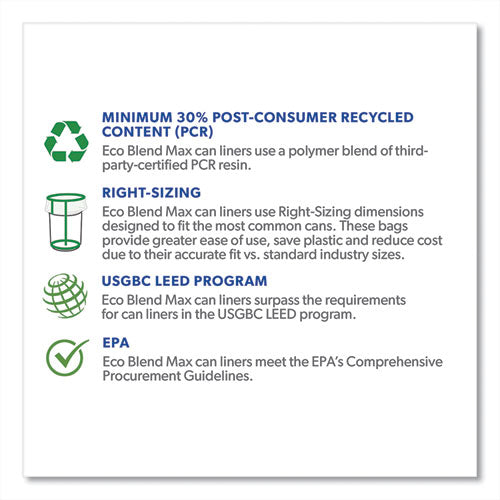 Image of Heritage L5645TE ER1 Eco Blend Max Can Liners, 23 gal, 0.8 mil, 28" x 45", Green, 25 Bags/Roll, 10 Rolls/Carton