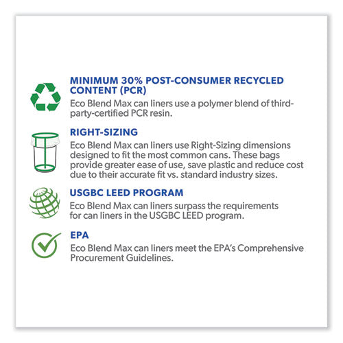 Image of Heritage L8046TC ER1 Eco Blend Max Can Liners, 45 gal, 0.8 mil, 40" x 46", Clear, 25 Bags/Roll, 6 Rolls/Carton