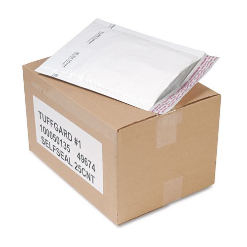 Image of Sealed Air Jiffy TuffGard Self-Seal Cushioned Mailer,#1, Barrier Bubble Air Cell Cushion, Self-Adhesive Closure, 7.25 x 12, White, 25/CT