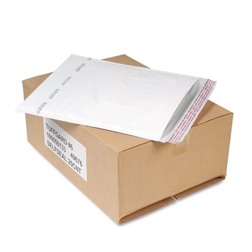 Image of Sealed Air Jiffy TuffGard Self-Seal Cushioned Mailer, #6, Barrier Bubble Air Cell Cushion, Self-Adhesive Closure, 12.5 x 19, White,25/CT