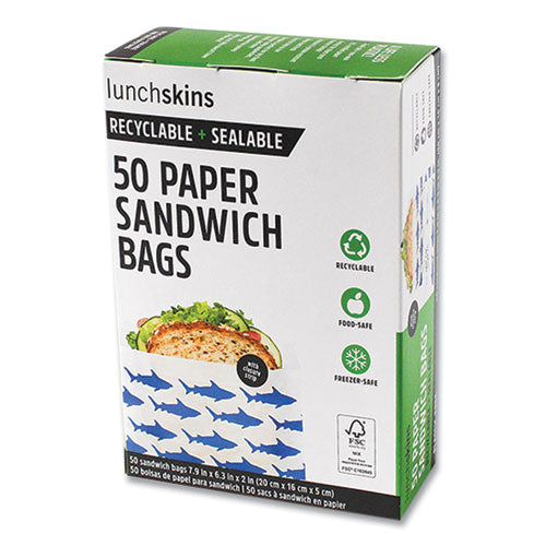 Image of lunchskins 854735005904 Peel and Seal Sandwich Bag with Closure Strip, 6.3" x 2" x 7.9", Blue Sharks/White, 50/Box