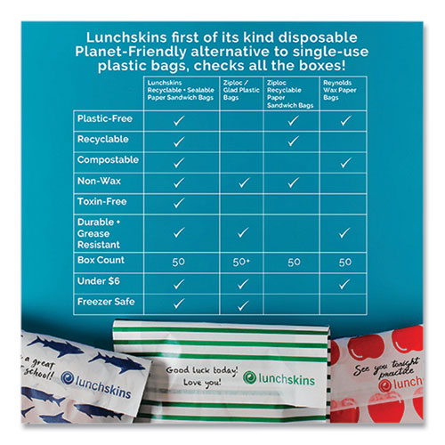 Image of lunchskins 854735005904 Peel and Seal Sandwich Bag with Closure Strip, 6.3" x 2" x 7.9", Blue Sharks/White, 50/Box