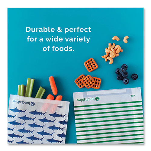 Image of lunchskins 854735005904 Peel and Seal Sandwich Bag with Closure Strip, 6.3" x 2" x 7.9", Blue Sharks/White, 50/Box