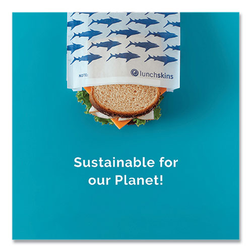 Image of lunchskins 854735005904 Peel and Seal Sandwich Bag with Closure Strip, 6.3" x 2" x 7.9", Blue Sharks/White, 50/Box