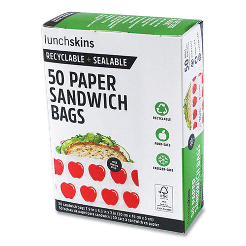 Image of lunchskins 854735005911 Peel and Seal Sandwich Bag with Closure Strip, 6.3" x 2" x 7.9", Red Apples/White, 50/Box
