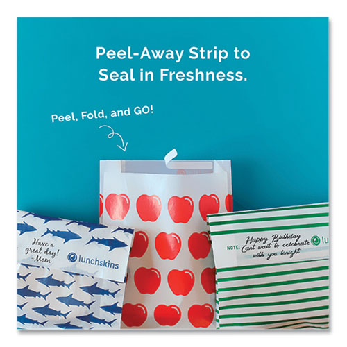 Image of lunchskins 854735005911 Peel and Seal Sandwich Bag with Closure Strip, 6.3" x 2" x 7.9", Red Apples/White, 50/Box