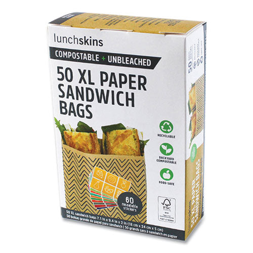 Image of lunchskins 860000586764 XL Sandwich Bag with Resealable Stickers, 7.1" x 2" x 9.1", Black Stripes/Natural Kraft, 50/Box