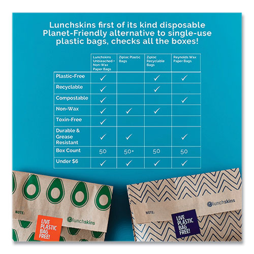 Image of lunchskins 860000586764 XL Sandwich Bag with Resealable Stickers, 7.1" x 2" x 9.1", Black Stripes/Natural Kraft, 50/Box