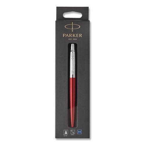 Image of Parker® 1953241 Jotter Ballpoint Pen, Retractable, Medium 0.7 mm, Blue Ink, Kensington Red/Chrome Barrel