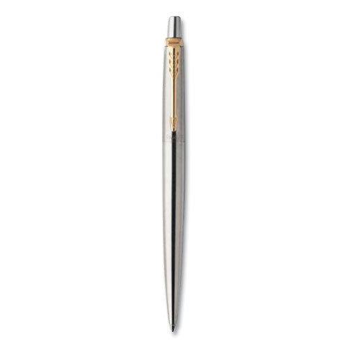 Image of Parker® 2020672 Jotter Rollerball Pen, Retractable, Medium 0.7 mm, Black Ink, Stainless Steel Barrel