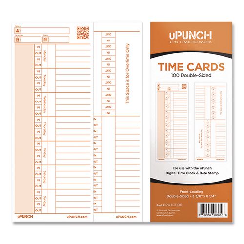 Image of uPunch PKTC1100 Time Clock Cards for PK1100 Time Clock, Two Sides, 3.38 x 8.25, 100/Pack