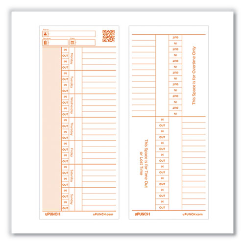 Image of uPunch PKTC1100 Time Clock Cards for PK1100 Time Clock, Two Sides, 3.38 x 8.25, 100/Pack