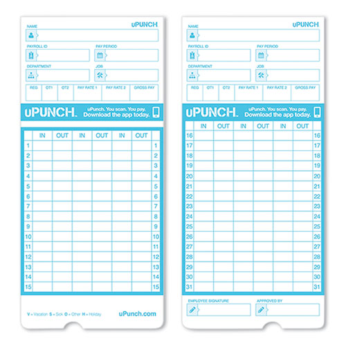Image of uPunch SBTCB1100 Pay-to-Punch Time Card for SB1200 Time Clock, Two Sides, 3.38 x 7.38, 100/Pack