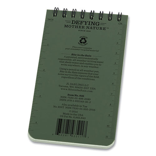 Image of Rite in the Rain® 935 All-Weather Wire-O Notepad, Dark Green Cover, Universal: Narrow Rule and Quadrille Rule (4 sq/in), (50) White 3 x 5 Sheets