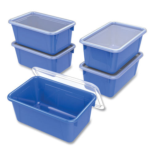 Image of Storex 62408U05C Cubby Bin with Lid, 2 gal, 8.2 x 12.5 x 11.5, Blue, 5/Pack