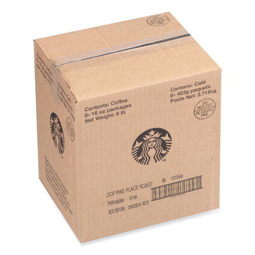 Image of Starbucks® SBK12540222CT Whole Bean Coffee, Decaffeinated, Pike Place, 1 lb, Bag, 6/Carton