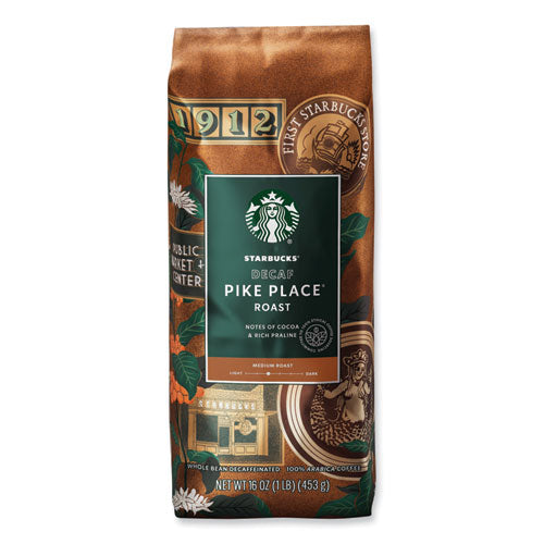 Image of Starbucks® SBK12540222CT Whole Bean Coffee, Decaffeinated, Pike Place, 1 lb, Bag, 6/Carton