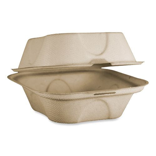 Image of World Centric® Fiber Hinged Takeout Containers, Burger Box, 6.5 x 6 x 3.2, Natural, Paper, 500/Carton