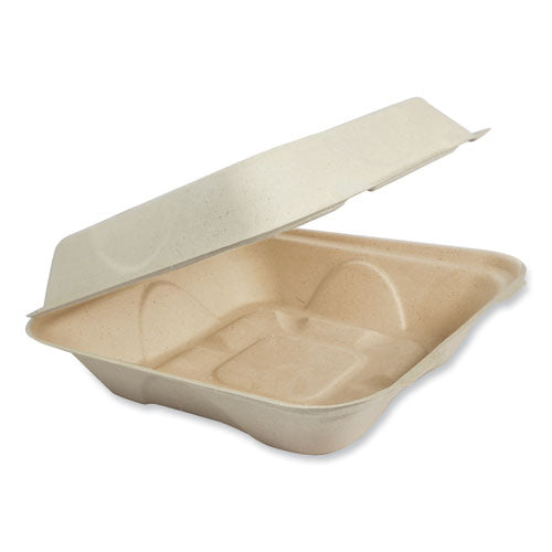 Image of World Centric® Fiber Hinged Takeout Containers, 7 x 8.3 x 3.2, Natural, Paper, 300/Carton