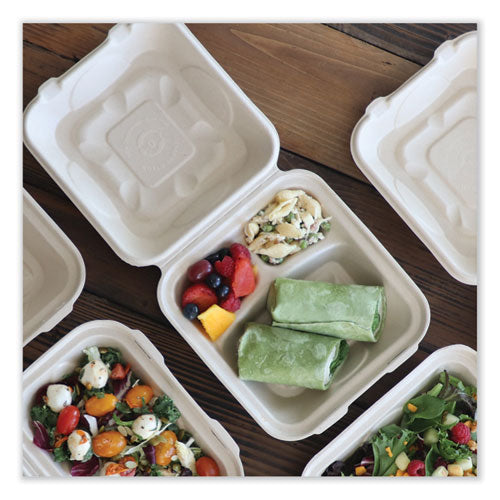 Image of World Centric® TO-SC-U8T-LFP Fiber Hinged Takeout Containers, 3 Compartments, 8.8 x 8.2 x 2.9, Natural, Paper, 300/Carton