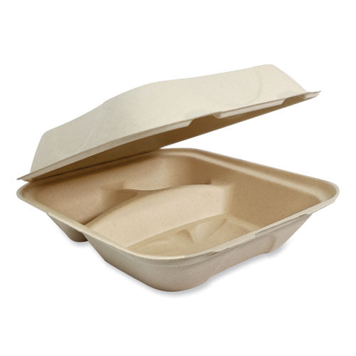 Image of World Centric® TO-SC-U8T-LFP Fiber Hinged Takeout Containers, 3 Compartments, 8.8 x 8.2 x 2.9, Natural, Paper, 300/Carton