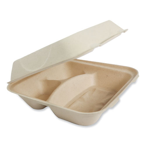 Image of World Centric® TO-SC-U9T-LFP Fiber Hinged Takeout Containers, 3-Compartment, 9.3 x 9 x 3.3, Natural, Paper, 300/Carton