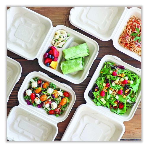Image of World Centric® Fiber Hinged Takeout Containers, 7 x 8.3 x 3.2, Natural, Paper, 300/Carton