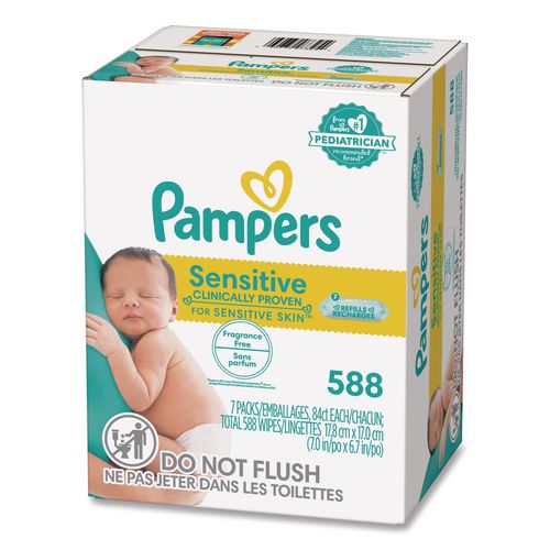 Image of Pampers® 80715533 Sensitive Baby Wipes, 1-Ply, 6.7 x 7, Unscented, White, 84/Pack, 7/Carton