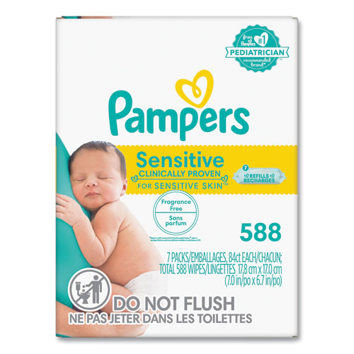 Image of Pampers® 80715533 Sensitive Baby Wipes, 1-Ply, 6.7 x 7, Unscented, White, 84/Pack, 7/Carton