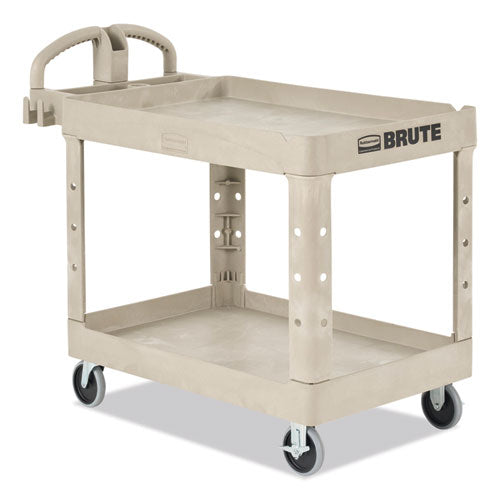Image of Rubbermaid® Commercial FG452088BEIG BRUTE Heavy-Duty Utility Cart with Lipped Shelves, Plastic, 2 Shelves, 500 lb Capacity, 25.9" x 45.2" x 32.2", Beige