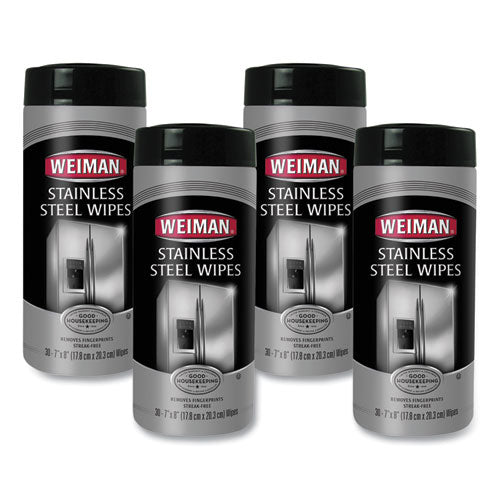 Image of WEIMAN® 92CT Stainless Steel Wipes, 1-Ply, 7 x 8, White, 30/Canister, 4 Canisters/Carton