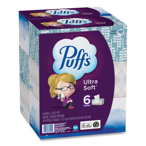 Image of Puffs® 80337307 Ultra Soft Facial Tissue, 2-Ply, White, 124 Sheets/Box, 6 Boxes/Pack, 4 Packs/Carton