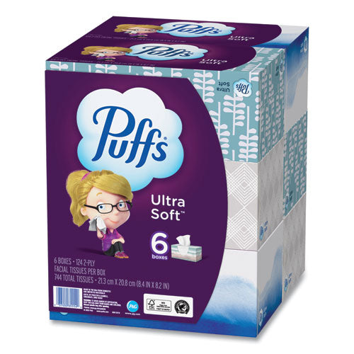Image of Puffs® 80337307 Ultra Soft Facial Tissue, 2-Ply, White, 124 Sheets/Box, 6 Boxes/Pack, 4 Packs/Carton