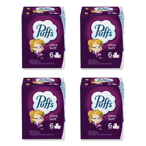 Image of Puffs® 80337307 Ultra Soft Facial Tissue, 2-Ply, White, 124 Sheets/Box, 6 Boxes/Pack, 4 Packs/Carton