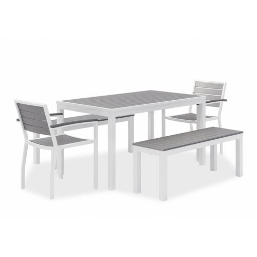 Image of KFI Studios 840031918437 Eveleen Outdoor Dining Table Set, 55" x 35" x 29" Rectangular Table, 2 Benches, 2 Armchairs, Gray/White