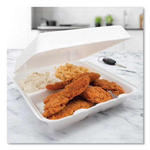Image of Dart® 95HT3R Foam Hinged Lid Containers, 3 Compartments, 9.25 x 9.5 x 3, White, 100/Sleeve, 2 Sleeves/Carton