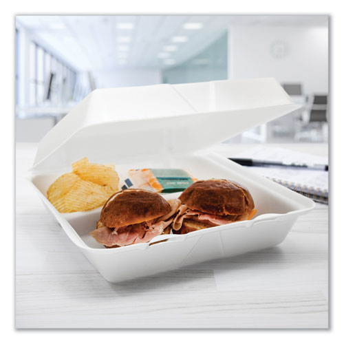 Image of Dart® 95HT3R Foam Hinged Lid Containers, 3 Compartments, 9.25 x 9.5 x 3, White, 100/Sleeve, 2 Sleeves/Carton
