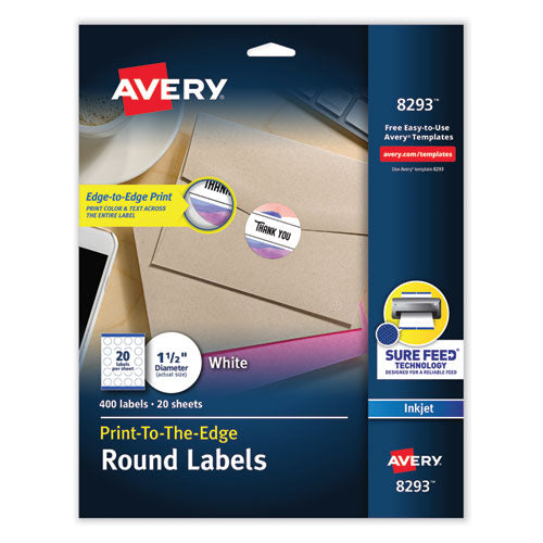 Image of Avery® 08293 Vibrant Inkjet Color-Print Labels w/ Sure Feed, 1.5" dia, White, 400/PK