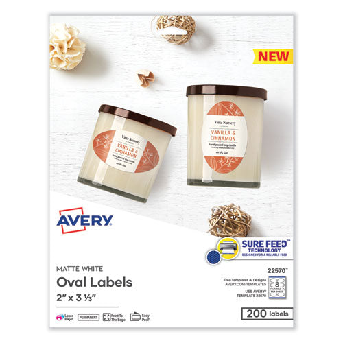 Image of Avery® 22570 Laser/Inkjet Media Labels, Inkjet/Laser Printers, 2 x 3.3, White, 8 Labels/Sheet, 25 Sheets/Pack