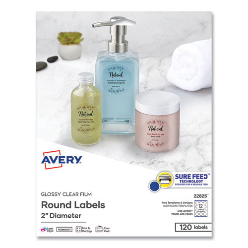 Image of Avery® 22825 Round Print-To-The Edge Labels With Sure Feed And Easy Peel, 2" Dia, Glossy Clear, 120/pk