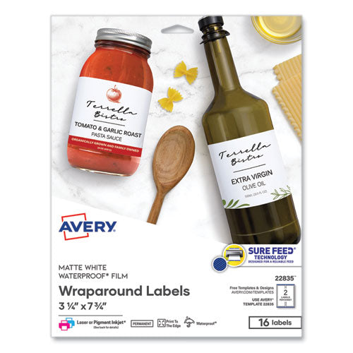 Image of Avery® 22835 Durable Water-Resistant Wraparound Labels w/ Sure Feed, 3.25 x 7.75, 16/PK