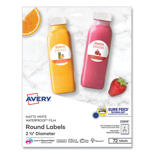 Image of Avery® 22856 Durable White ID Labels w/ Sure Feed, 2.5" dia, White, 72/Pk
