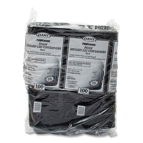 Image of Dart® 85HTB3R Insulated Foam Hinged Lid Containers, 3 Compartments, 7.96 x 3.2 x 8.36, Black, 200/Carton