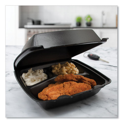 Image of Dart® 85HTB3R Insulated Foam Hinged Lid Containers, 3 Compartments, 7.96 x 3.2 x 8.36, Black, 200/Carton