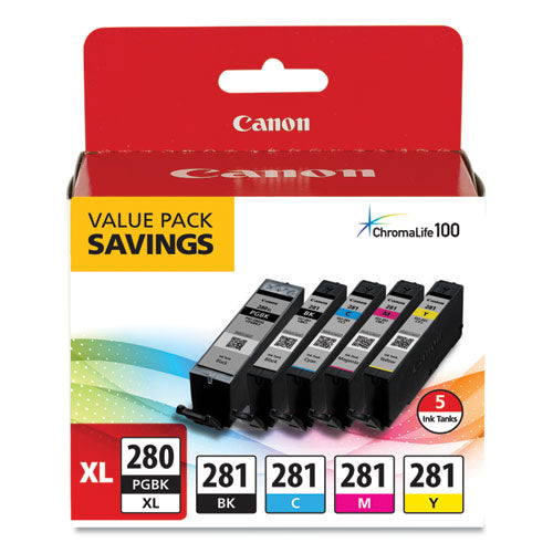 Image of Canon® 2021C007 2021c007 (cli-281; Pgi-280 Xl) Chromalife100+ Ink, Black Xl/black/cyan/magenta/yellow, 5/pack
