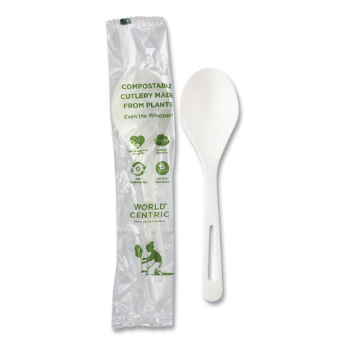 Image of World Centric® SO-PS-I TPLA Wrapped Cutlery, Soup Spoon, Plastic, Light Beige, 750/Carton