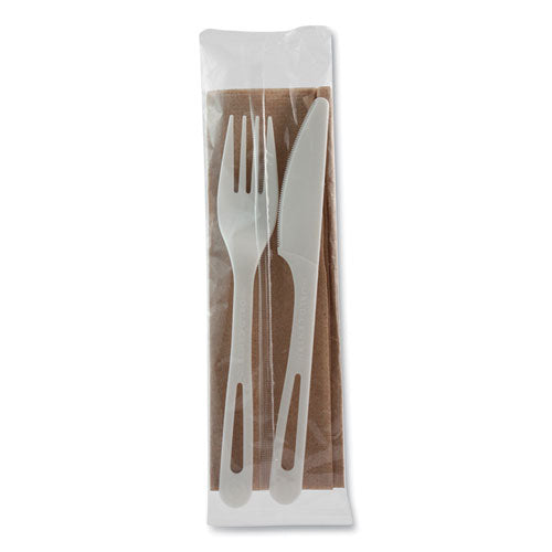 Image of World Centric® AS-PS-FKN TPLA Wrapped Cutlery, Fork/Knife/Napkin, Plastic, Light Beige, 500/Carton