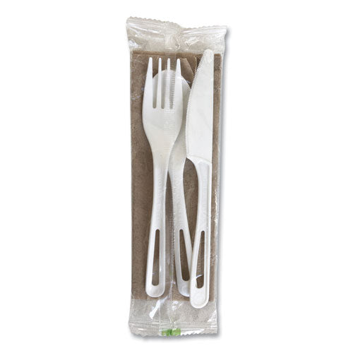 Image of World Centric® AS-PS-TNL TPLA Wrapped Cutlery, Ribbed, Fork/Knife/Napkin/Spoon, Plastic, Light Beige, 250/Carton