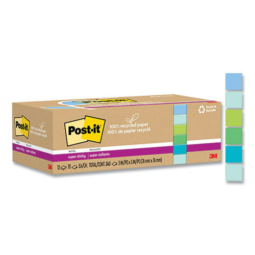 Image of Post-it® Notes Super Sticky 654R-12SST 100% Recycled Paper Super Sticky Notes, Unruled, 3" x 3", Assorted Oasis Colors, 70 Sheets/Pad, 12 Pads/Pack